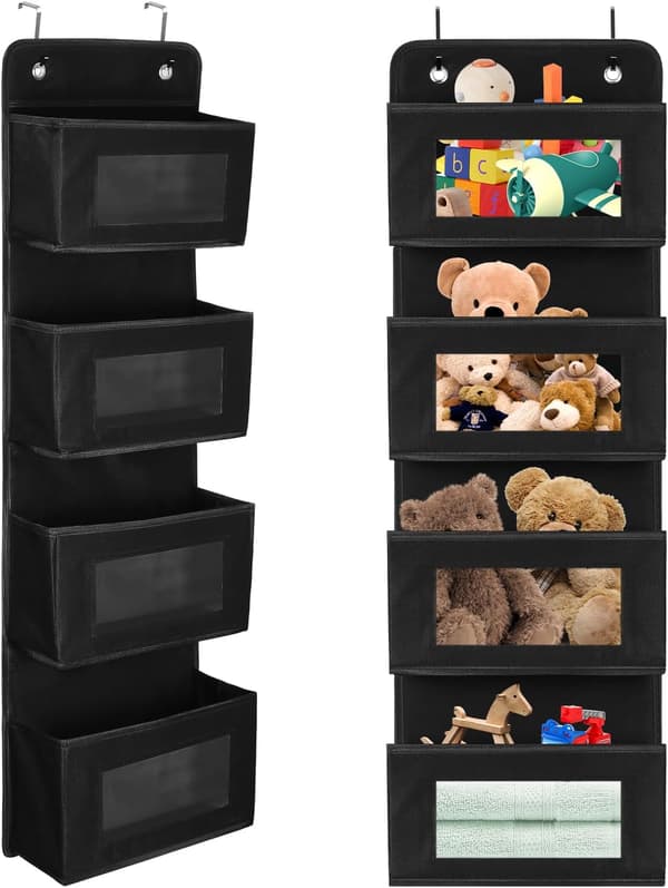 Hanging Shelf, Door Hanger with 4 Compartments, Hanging Storage, Organizer, Hangs on Door or Wall, Black