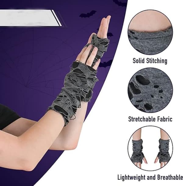 Halloweenhandsker fingerløse - 5 par spindelvævshandsker sorte - 28x8cm - Festtilbehør