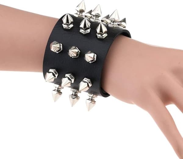 Punk Leather Bracelet with Studs, Black, Unisex, with Ring and Stud Buckle