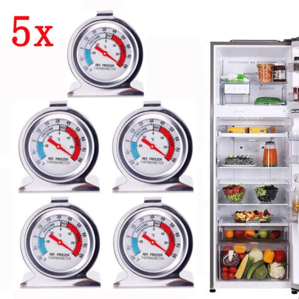 5x køleskabstermometer i rustfrit stål, stor urskive med rød display