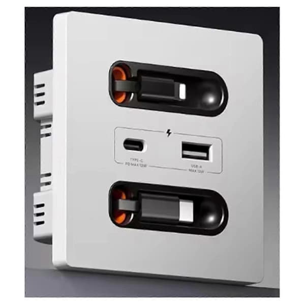 12w Universal Wall Panel Socket with USB-A USB-C Retractable Charging Cable, Mobile Phone Tablet Charger