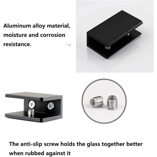8 stk. Firkantede Hyldebeslag i Aluminiumslegering til Glas (Passer til 8-10 mm Tykt Glas)