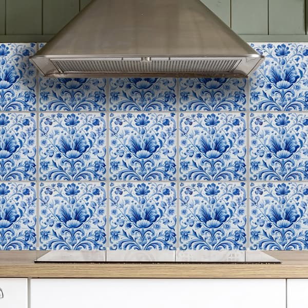 Blue Old-fashioned Flower Model 2 Self-adhesive Tile Decals 12pcs