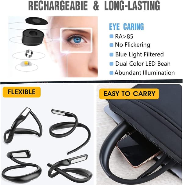 Oppladbar leselampe for nakke, sengeleselampe, 3 C