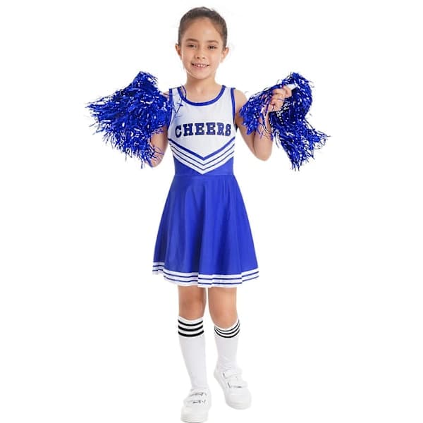 Piger Cheerleading Uniform Dansekostume Børn Cheerleader Outfit Rund Hals Patchwork Stil Dansekjole Blomst og Strømper blå 7-8 År blue 7-8 Years