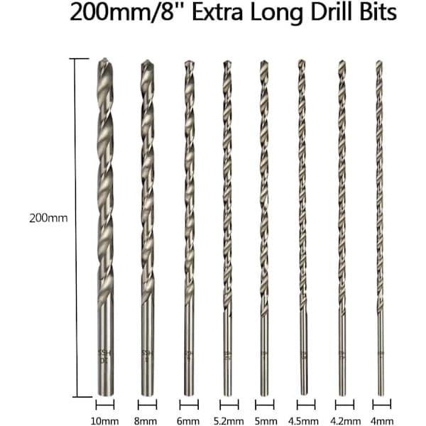 HSC 8-pak ekstra lange borebitsæt 200 mm med diameter 4 mm, 4.