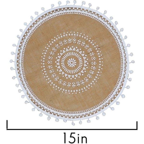 Set of 4 Round Placemats, Boho Woven Table Mats with Tassel for Dining Room Kitchen Table Decoration (White Ball)