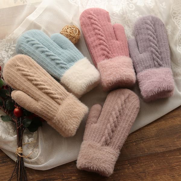 Vinter dam varm sammet innerfoder handled tjockare vridna stickade handskar helfingerhandskar