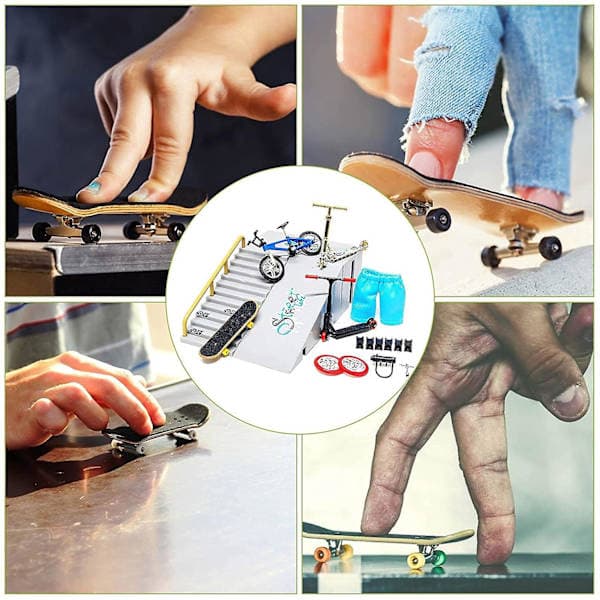9-delt skatepark-sæt til fingerboard, mini-fingerskateboard og rampe