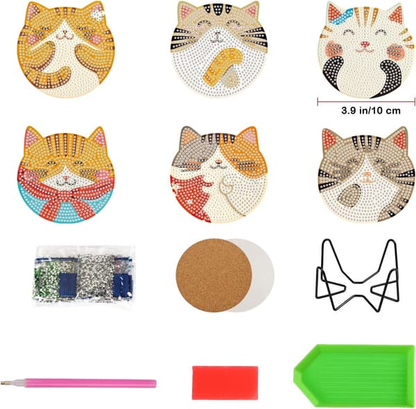 Diamantmaleri Coaster Sæt Katte-design med stativ Akryl Korkbagside DIY Diamantkunst Sæt til voksne 6-pak 10x10cm