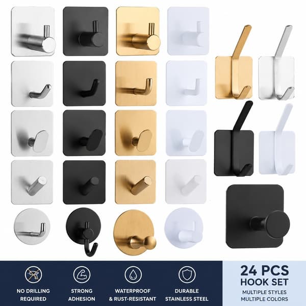 Self-adhesive hooks in stainless steel, wall hooks without drilling, strong hold 3-5 kg, single hook