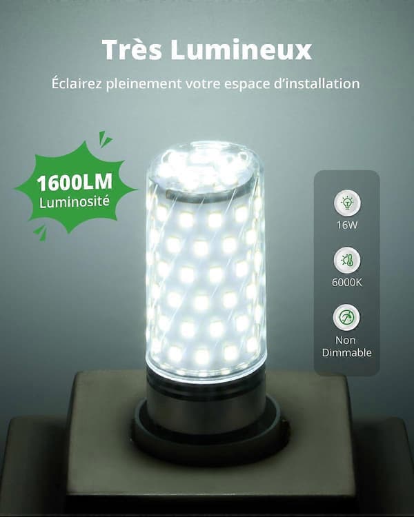 6-pack E27 Corn LED Bulbs 16W=150W Eq - 6000K Cool White 1600LM, Energy Saving, AC 220-240V Non-Dimmable Indoor Lighting