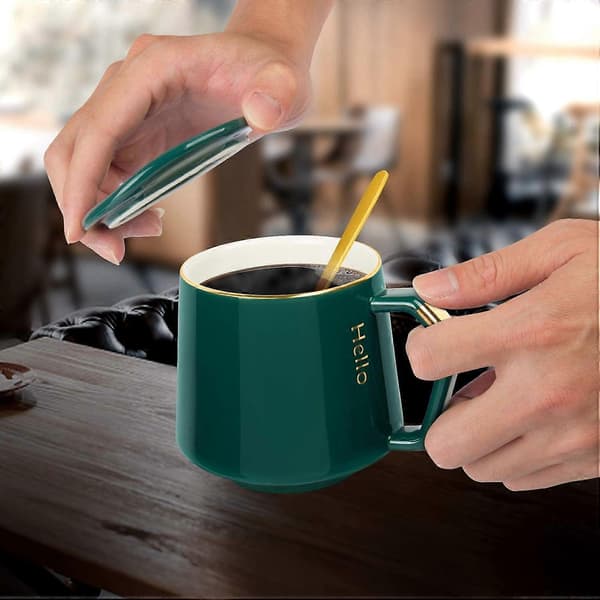 Ceramic Mug Coffee Mug with Lid Coffee Cup + Stainless Steel Spoon, 380ml Tea Mug (Green)