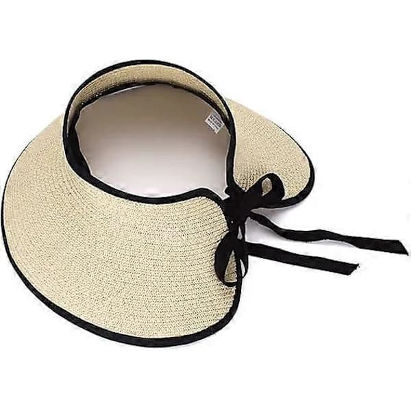 Store strandstråhatte til kvinder, foldbar bredskygget hat til damer, visir kasket bøttehat med sløjfe beige