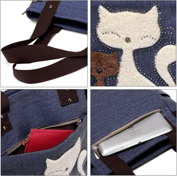 Kvinnor Canvas Tote Väskor Söta Katt Design Handväskor Axelväskor Mörkblå Dark Blue