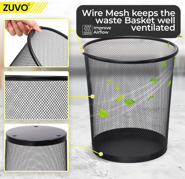 Mesh Waste Bin, Black Metal Wire Basket, Suitable for Office, Home, and Bedroom.