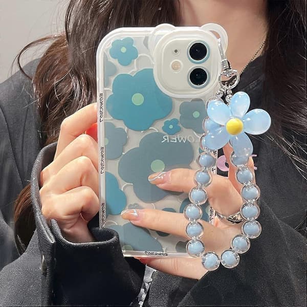 Compatible case for iPhone 12 with beautiful floral wristband, floral bear camera lens protector, transparent case with chain - Bear Blue
