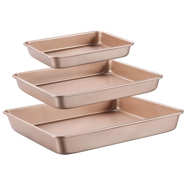 Grunt Stekebrettsett Non-stick, Rektangulær Kakeform, Stablebart Stekebrettsett med 3, Ovnformer for Baking, Gull (9'/11'/13') Grunne Stekepanner