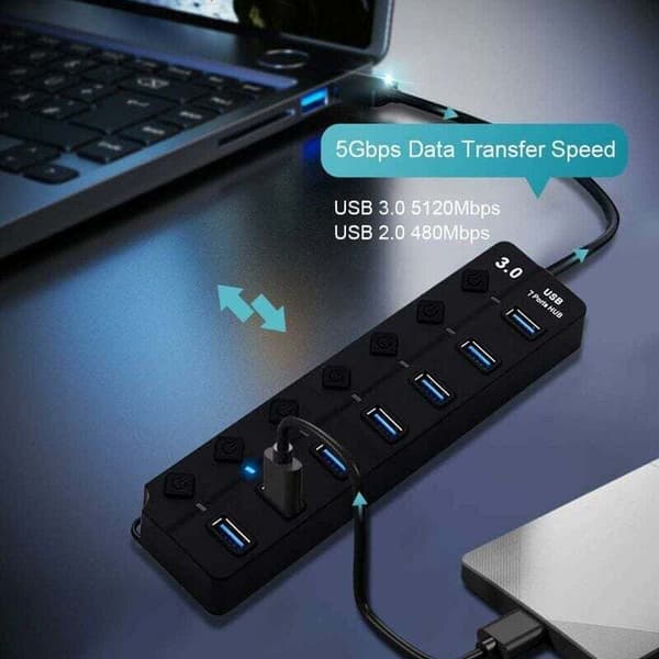 7-ports USB 3.0-hub med individuelle strømafbrydere til MacBook & PC[JUN]