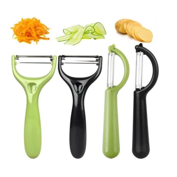 (Sort, Grøn) Grøntsagsskræller - ØKONOMISK - Dobbeltsidet - Ergonomisk håndtag - Rustfrit stål - Sæt med 4 Black, Green