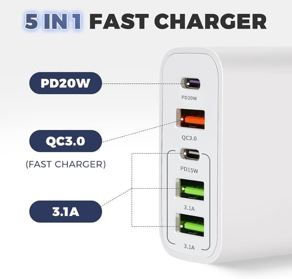 65W 5-ports USB C-oplader med QC 3.0, hurtig vægoplader til iPhone og Android