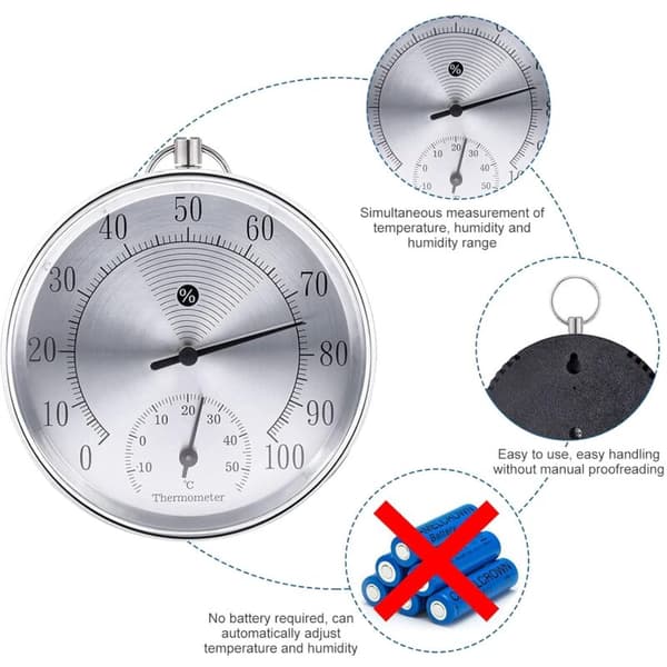 Utendørstermometer, 10 cm trådløst ?? Veggmontert analogt termometer og hygrometer, egnet for hjem, drivhus, hager, biler, etc. (Sølv)