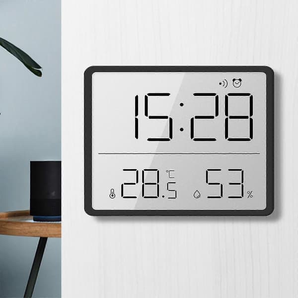 Smal LCD digital klocka med temperatur- och fuktighetssensor, magnetisk väggkylskåpsklocka