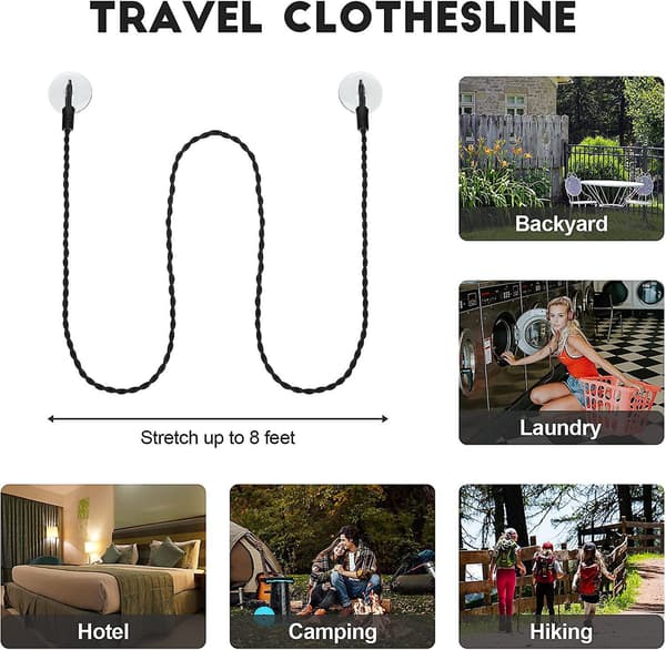 2 Pieces Travel Clothesline Portable Retractable Clothesline with Hooks and Suction Cups (Black)