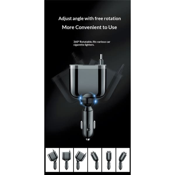 Indtrækbar biloplader, biltelefonoplader med kabler hurtigopladning, C bilopladeradapter, sort