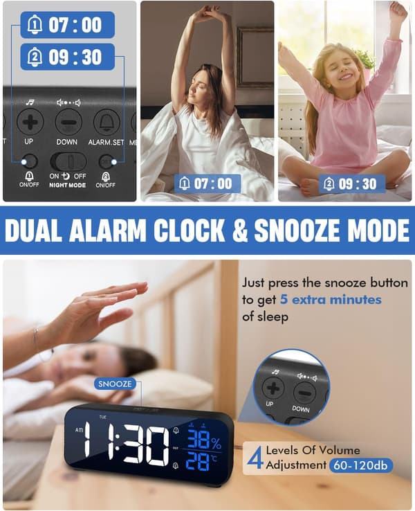 LED Digital Alarm Clock Large Display, Bedside Clock with 18 Alarm Sounds, 5 Levels Brightness & 4 Volume, Snooze Time