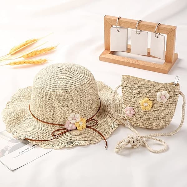 (Beige) 2-pack flickas solhatt och halmvävd väska, 1-6 år gamla barns stråhatt med blomdekoration, sommarstrandhatt