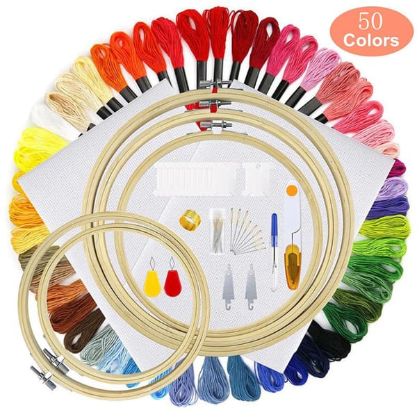 Korsstingsbroderisæt med instruktioner, 5 broderirammer