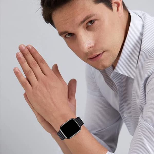 Blått kompatibelt Apple Watch 7-armbånd magnetisk lær 42mm