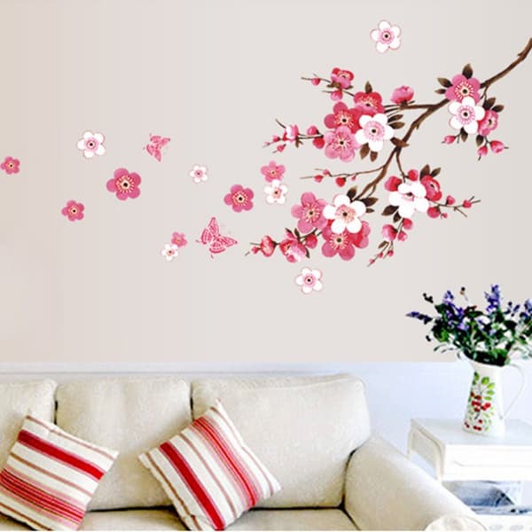 CHERRY BLOSSOM seinätarrat perhosilla vaaleanpunainen punainen (30x90cm)