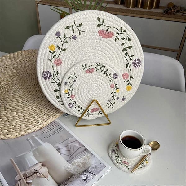 Round Table Mat Woven Placemats Non-slip Dining Table Mats Anti-slip Tableware Bowls Coasters Kitchen Dr[CO]