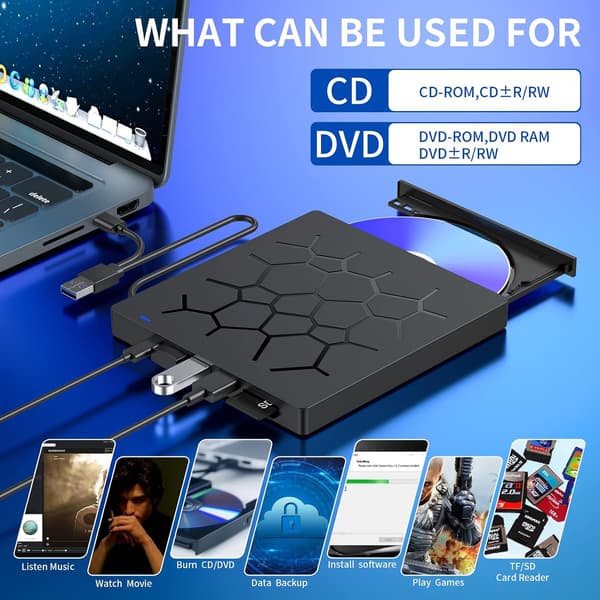 Ekstern CD/DVD-stasjon for bærbar PC, 7 I 1 USB 3.0 Ultra-slank bærbar DVD-spiller