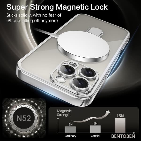 iPhone 16 Pro-deksel med MagSafe, klar bakside og innebygd ringstativ