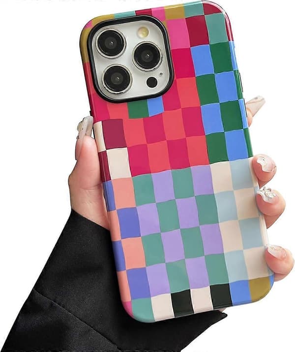 Case for iPhone 15 Pro, Cute Colorful Plaid Shockproof Slim Soft TPU and Hard PC Protective Case Compatible with Mobile Phone Case