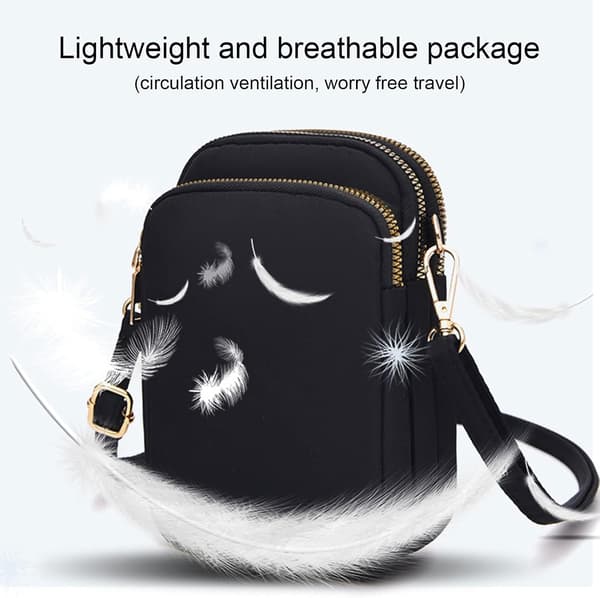 Crossbody-taske til kvinder, nylonpung til telefon, paspung mini multifunktionel håndtaske, justerbar 3-lags lynlåslomme (sort)