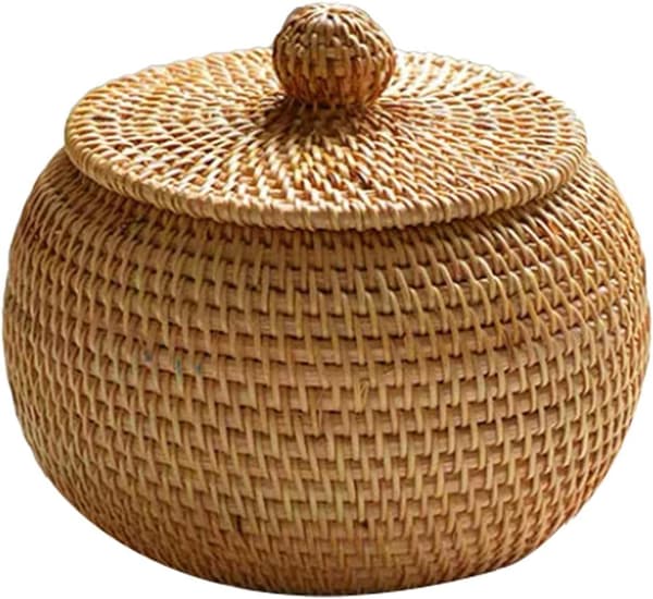 Braided Storage Basket with Lid - Rattan Basket Small Braided Box - Woven Rattan