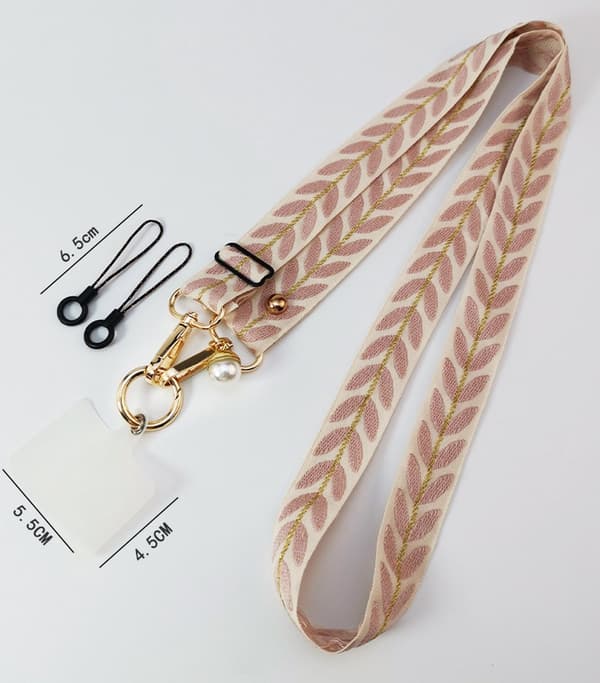 Crossbody telefonbånd, sommerfugljusterbart med perledekorasjoner, rosa