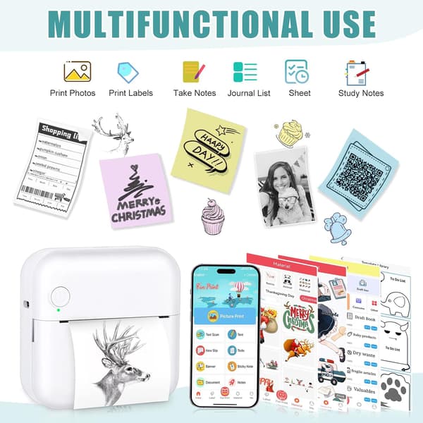 Inkless Thermal Printer with 10 Rolls of Thermal Paper and Stickers for iOS and Android Blue