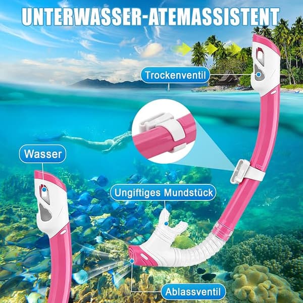 Snorkel Set, Snorkel Mask, Silicone Diving Mask, Dry Snorkel and Silicone Material, Pink-FX-