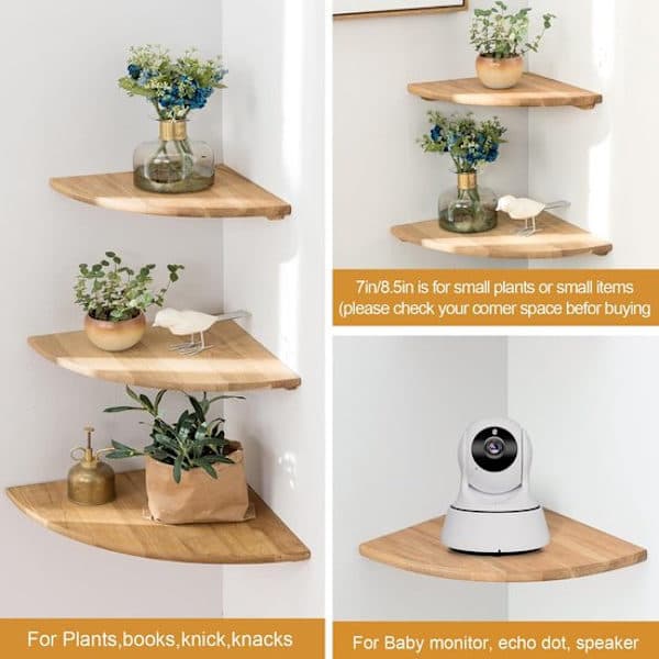 Set of 2 - 7\" Solid Oak Corner Shelves - Wall Mounted Round Floating Shelves - With Cable Hole for Speakers, Plants or Picture Frames - Natural