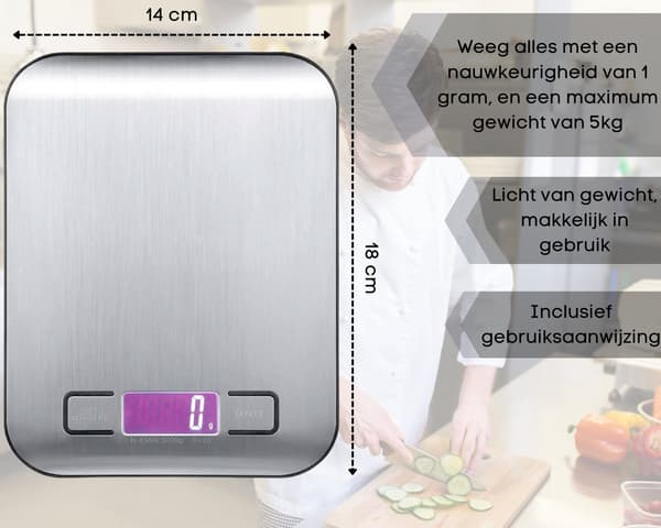 Præcisionskøkkenvægt - Digital køkkenvægt - Op til 5 kg - Rustfrit stål