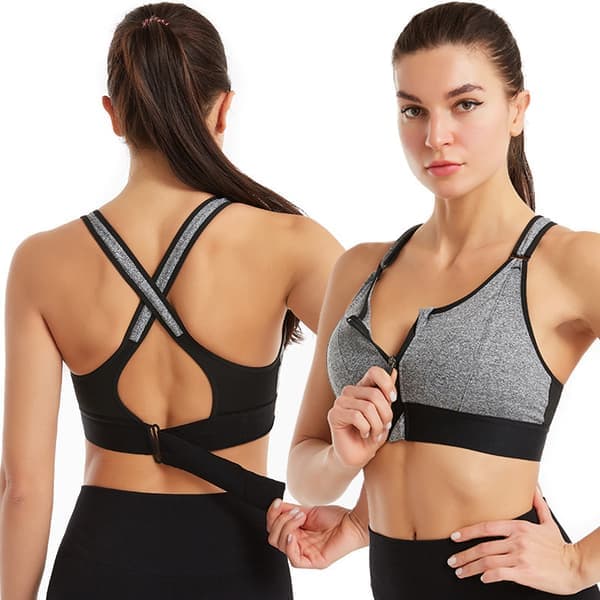 Women's High Support Sports Bra, Front Zipper, Adjustable GREY GRAY M GRAY M