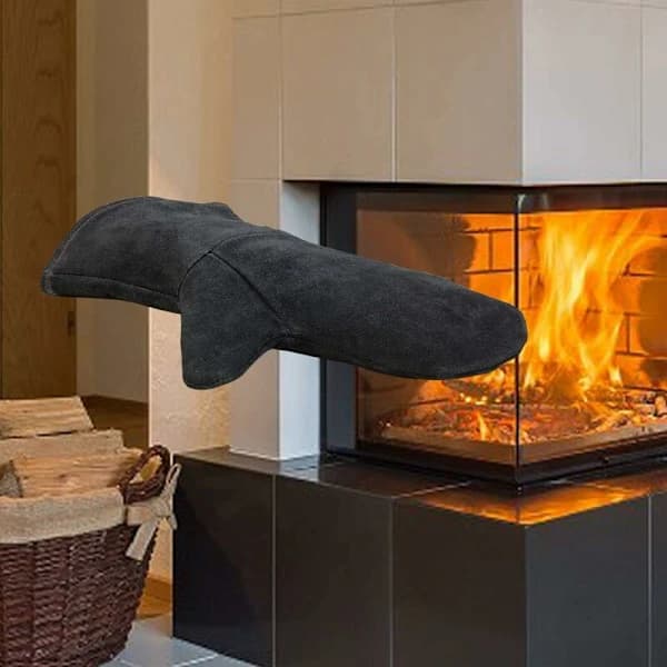 Heat Resistant Leather Oven Mitt with Cotton Lining for Grilling, Fireplace, and Kitchen, Black, One Size