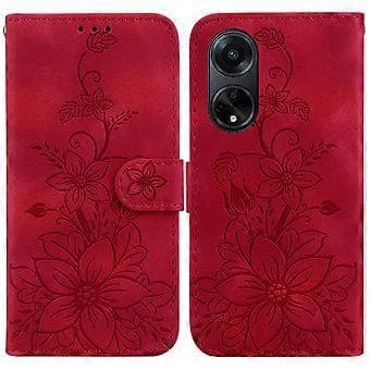 Compatible with OPPO A98 5G Embossed Lily Wallet Case with Card Holder PU Leather Flip Case - Red Red Red