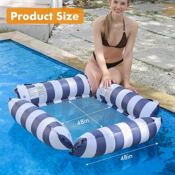 Inflatable Pool Chair for Adults and Kids, Floating, Striped Pattern, Floating Hammock for Pool Party, Summer Water Play, Dark Blue