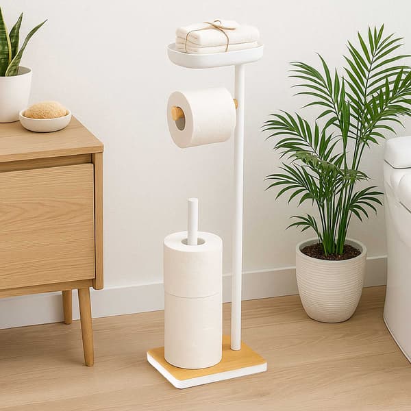 Vapaasti seisova wc-paperiteline hyllyllä, mahtuu 3 rullaa